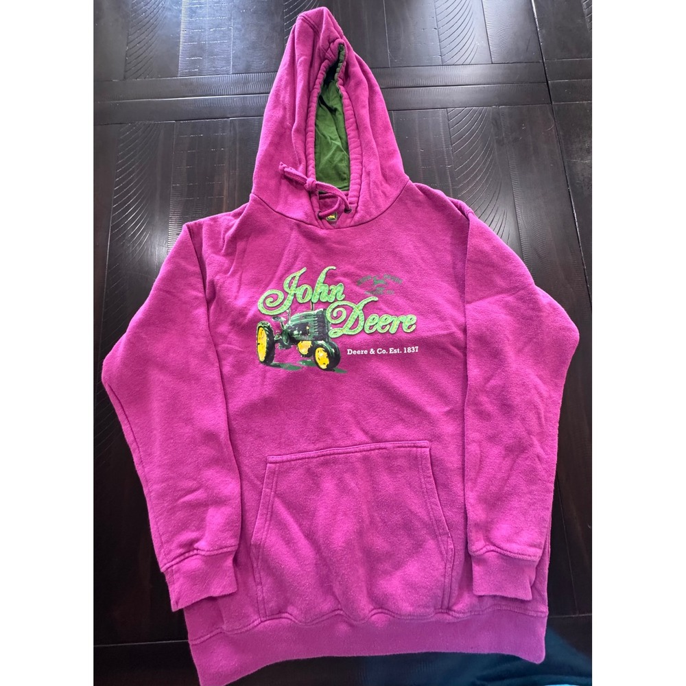 John Deere Magenta Pink Graphic Hoodie Sweatshirt XXL Green Glitter Tractor Logo